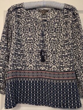 Tommy Bahama Navy & White Printed Peasant Top